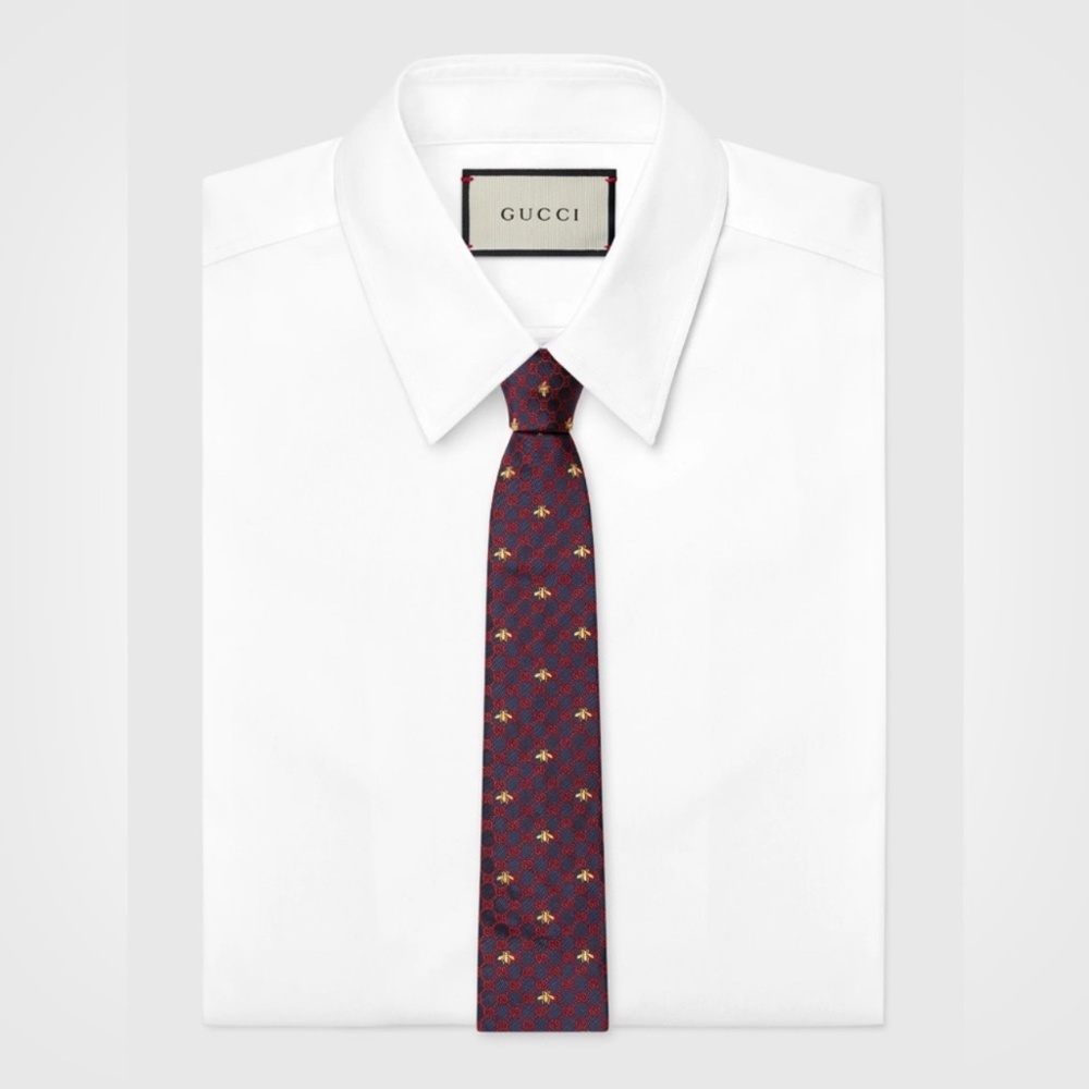 Gucci Navy GG Bee Monogram Silk Tie Luxury Mens